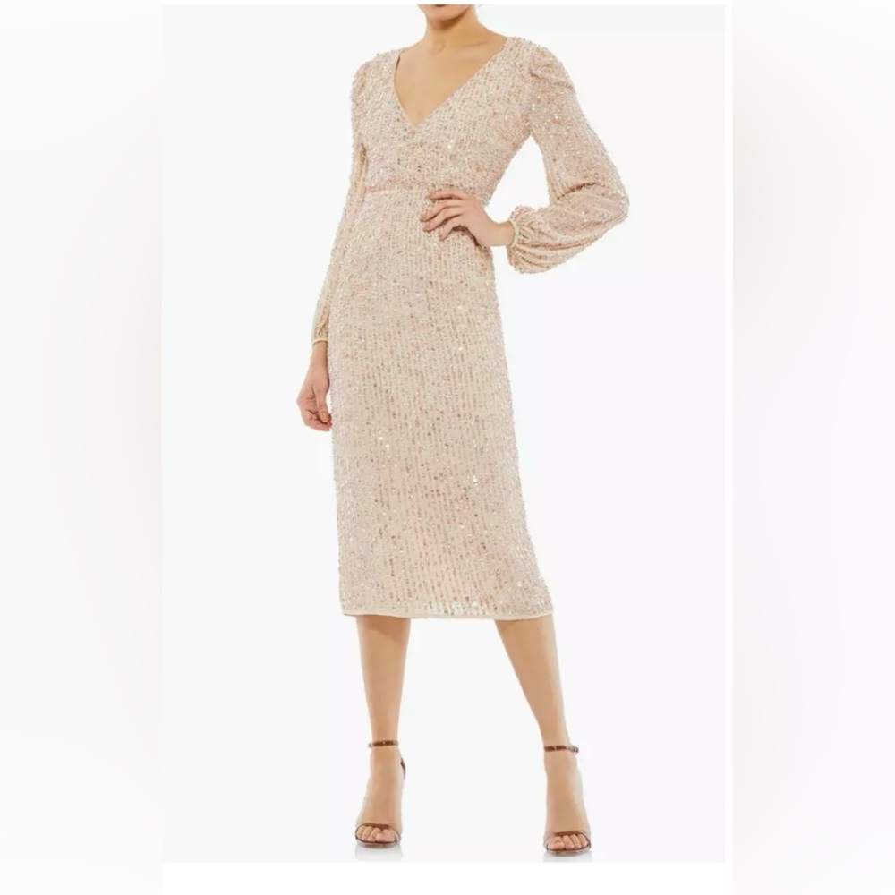 Mac Duggal SIZE: 14 Sequin Long Sleeve Cocktail Midi Dress Nude 10764
